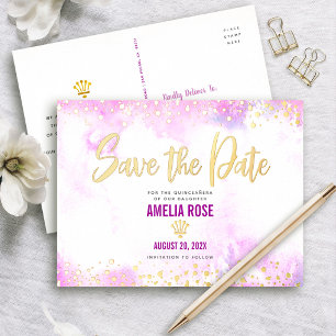 Carte Postale D'invitation À Feuilles D'aluminium Quinceañera Enregistrez la Date Rose Aquarelle Or