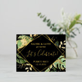 Carte Postale D'invitation À Feuilles D'aluminium Réception de mariage en fuite tropical noir modern (Debout devant)