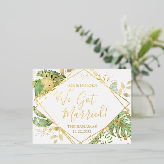 Carte Postale D'invitation À Feuilles D'aluminium Réception de mariage moderne tropical élopement (Debout devant)