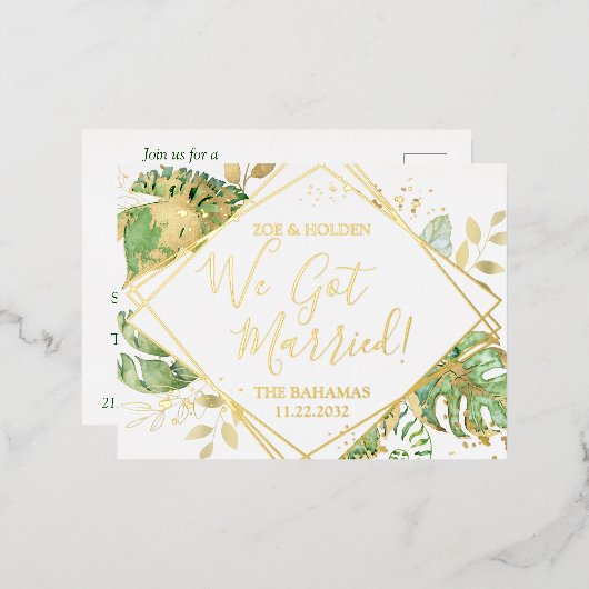 Carte Postale D'invitation À Feuilles D'aluminium Réception de mariage moderne tropical élopement (Recto/Verso)