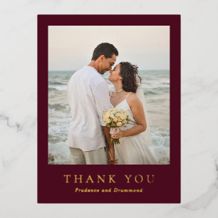 Carte Postale D'invitation À Feuilles D'aluminium Remerciement de mariage classique élégant bordeaux