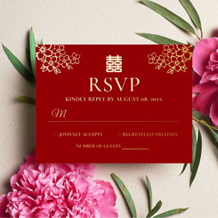 Carte Postale D'invitation À Feuilles D'aluminium Réponse florale rouge de mariage chinois de cerisi