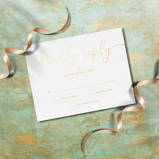 Carte Postale D'invitation À Feuilles D'aluminium Réponse Simple Élégante Script Or