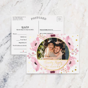 Carte Postale D'invitation À Feuilles D'aluminium Ressort rose Aquarelle Floral Mariage RSVP Real