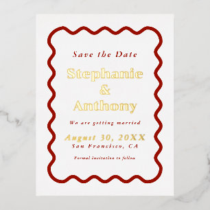 Carte Postale D'invitation À Feuilles D'aluminium Retro 1950s Wavy Edge Mariage rouge foncé