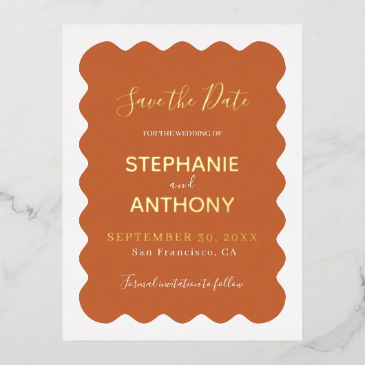 Carte Postale D'invitation À Feuilles D'aluminium Rétro mariage en terre cuite à bord ondulé des ann (Recto)