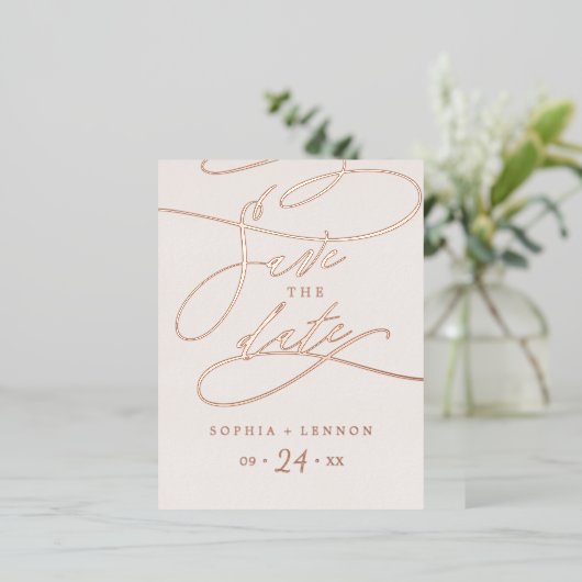 Carte Postale D'invitation À Feuilles D'aluminium Romantique Rose Gold Foil et Blush Enregistrer la (Debout devant)