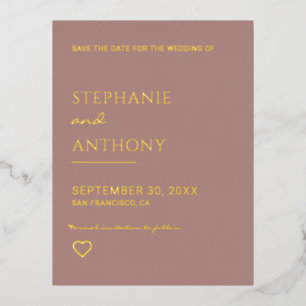 Carte Postale D'invitation À Feuilles D'aluminium Rose Dusty Minimaliste Et Mariage Gold Heart
