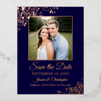 Rose Gold Élégant sur Photo de Save the Date Navy