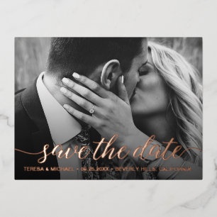 Carte Postale D'invitation À Feuilles D'aluminium Rose Gold foil Enregistrer la date Photo Mariage M