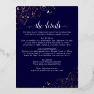 Carte Postale D'invitation À Feuilles D'aluminium Rose Gold Frills sur Navy Elegant Wedding Détails