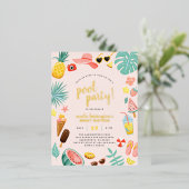 Carte Postale D'invitation À Feuilles D'aluminium Rose | Watermelon Pineappon Tropical Pool Party (Debout devant)