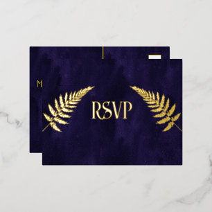 Carte Postale D'invitation À Feuilles D'aluminium RSVP Blue et Gold Foil de marine