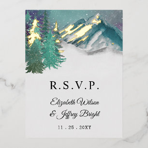 Carte Postale D'invitation À Feuilles D'aluminium Rustique Aquarelle Montagnes Pine Hiver RSVP