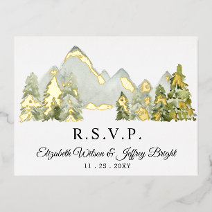 Carte Postale D'invitation À Feuilles D'aluminium Rustique Aquarelle Montagnes Pine Hiver RSVP