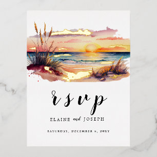 Carte Postale D'invitation À Feuilles D'aluminium Rustique aquarelle Sunset Beach Mariage de mer Rsv