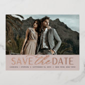 Carte Postale D'invitation À Feuilles D'aluminium Script lisse | Mariage photo Enregistrer la date (Recto)