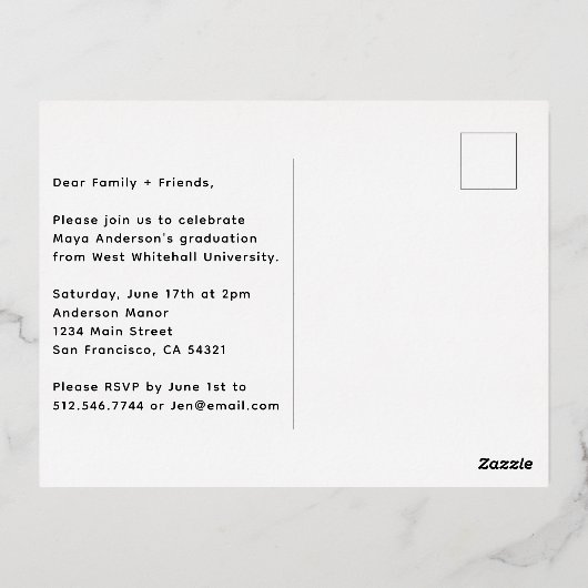 Carte Postale D'invitation À Feuilles D'aluminium Script manuscrit moderne | Photo Foil I (Verso)