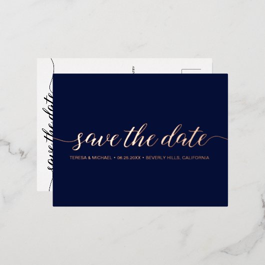 Carte Postale D'invitation À Feuilles D'aluminium Script moderne Enregistrer la date Mariage Bleu Ro (Recto/Verso)