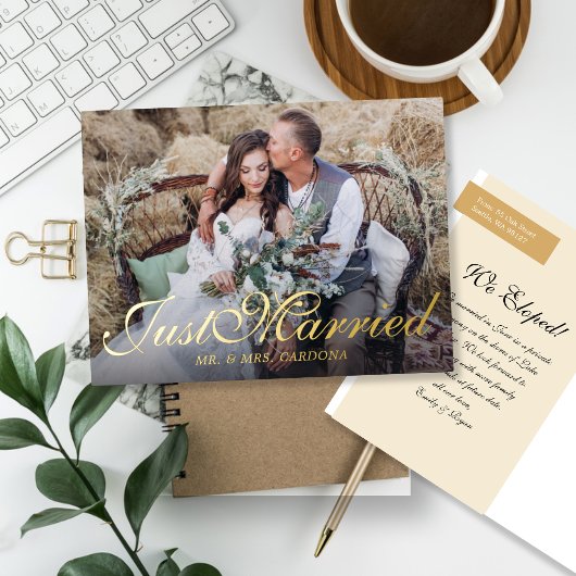 Carte Postale D'invitation À Feuilles D'aluminium Script Photo de Mariage