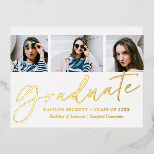 Carte Postale D'invitation À Feuilles D'aluminium Script tendance 3 Photo Graduation Real