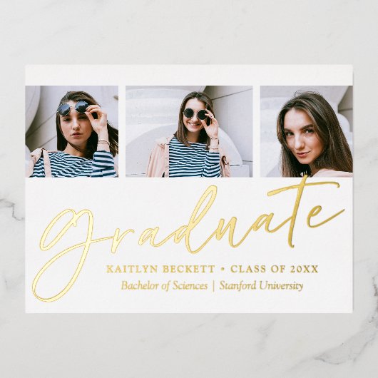 Carte Postale D'invitation À Feuilles D'aluminium Script tendance 3 Photo Graduation Real (Recto)