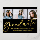 Carte Postale D'invitation À Feuilles D'aluminium Script tendance 3 Photo Graduation Real (Recto)