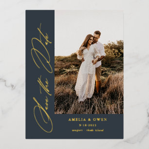 Carte Postale D'invitation À Feuilles D'aluminium Side Script minimaliste moderne photo Mariage Foil