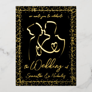 Carte Postale D'invitation À Feuilles D'aluminium Silhouette des amoureux en Mariage noir et or