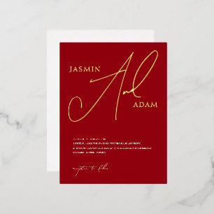 Carte Postale D'invitation À Feuilles D'aluminium Simple Mariage à l'encre rouge et dorure