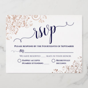 Carte Postale D'invitation À Feuilles D'aluminium Simple Rose Gold & Marine Wedding RSVP
