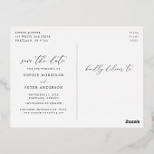 Carte Postale D'invitation À Feuilles D'aluminium Simply Elegant Script Photo Enregistrer la date (Verso)