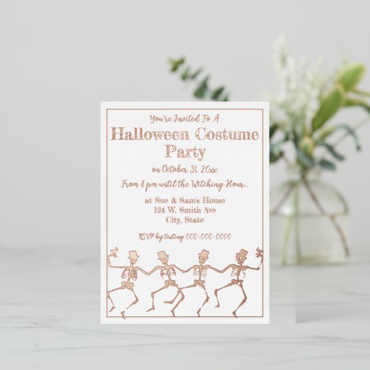 Carte Postale D'invitation À Feuilles D'aluminium Skeletons de danse Halloween Party Gold/Silver (Debout devant)