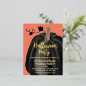 Carte Postale D'invitation À Feuilles D'aluminium Soirée d'Halloween du Citrouille d'or orange (Debout devant)