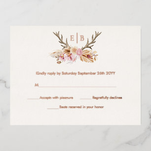 Carte Postale D'invitation À Feuilles D'aluminium Stag Floral Antlers Boho Moderne RSVP Rose Gold