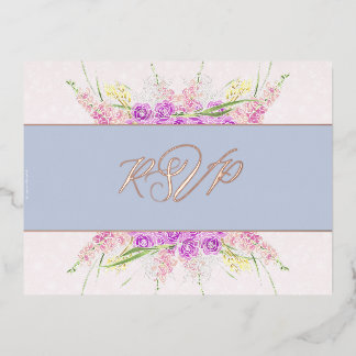 Carte Postale D'invitation À Feuilles D'aluminium Vendretti Blue Ribbon et Bouquet-Foil RSVP