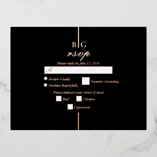 Carte Postale D'invitation À Feuilles D'aluminium Véritable Rose Gold Foil Noir Monogramme Mariage R (Recto)
