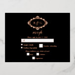Carte Postale D'invitation À Feuilles D'aluminium Véritable Rose Gold Foil Wreath White Wedding RSVP<br><div class="desc">Une belle carte de réponse RSVP noire mariage en feuille d'or rose avec des initiales monogrammées dans une couronne élégante traditionnelle. Un magnifique mariage blanc et rose d'or RSVP carte de réponse design avec typographie classe minimaliste. La typographie de script traditionnelle et la couronne damasée créent un élégant mariage rose...</div>