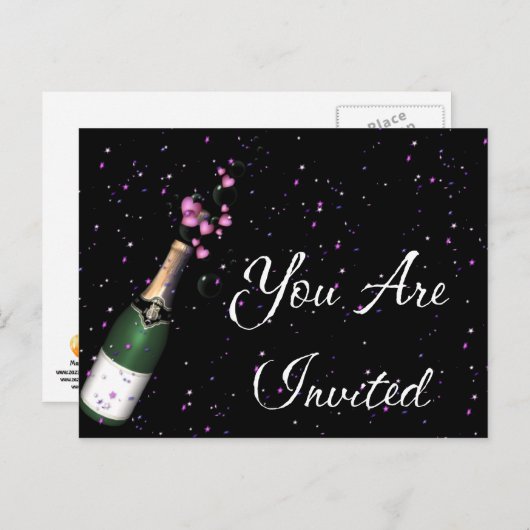 Carte postale d'invitation confettis, bouteille de (Devant / Derrière)