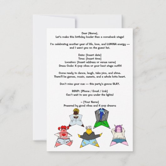 Carte postale d'invitation d'anniversaire K-Pop  (Dos)