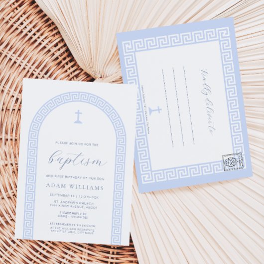 Carte postale d'invitation de baptême bleu blanc à