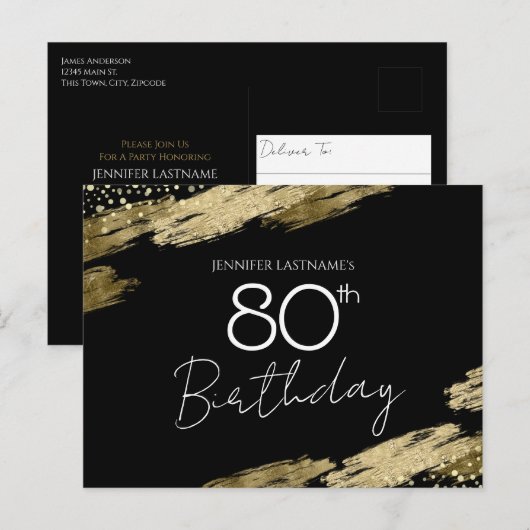 Carte postale d'invitation or noir pour 80e annive (Devant / Derrière)
