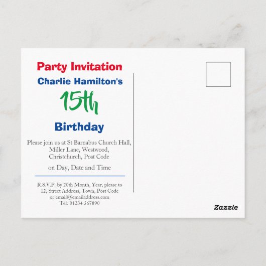 Carte postale d'invitation pour 15 ans avec photo (Dos)