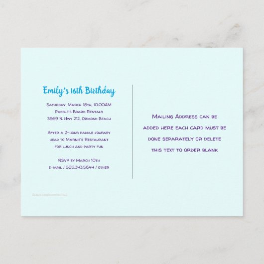 Carte postale d'invitation pour l'anniversaire d'u (Dos)