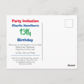 Carte postale d'invitation pour un 13e anniversair (Dos)