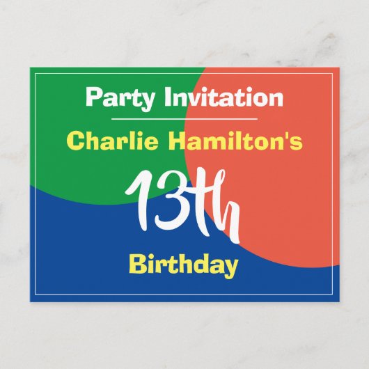Carte postale d'invitation pour un 13e anniversair (Devant)