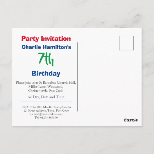 Carte postale d'invitation pour un 7e anniversaire (Dos)