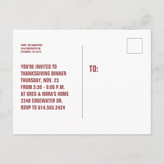 Carte postale d'invitation Thanksgiving (Dos)