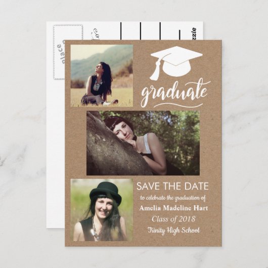 Carte Postale Diplômé en papier Kraft | Enregistrer la photo Dat (Devant / Derrière)