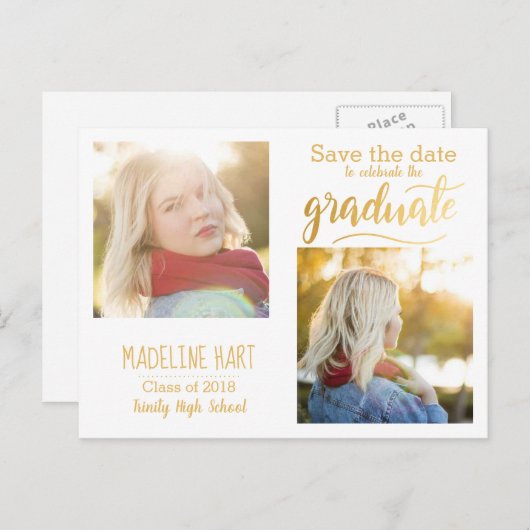 Carte Postale Diplômé en typographie d'or | Enregistrer la photo (Devant / Derrière)